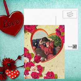 Carte Postale Roses et cadre cardiaque Ajouter votre photo