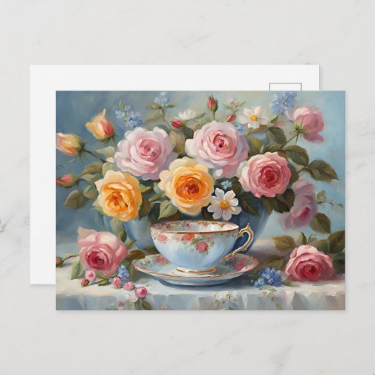 Carte Postale Roses et Tasse à thé (Devant / Derrière)
