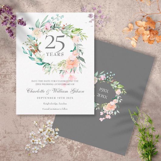 Carte Postale Roses Garland 25th Anniversary Save the Date