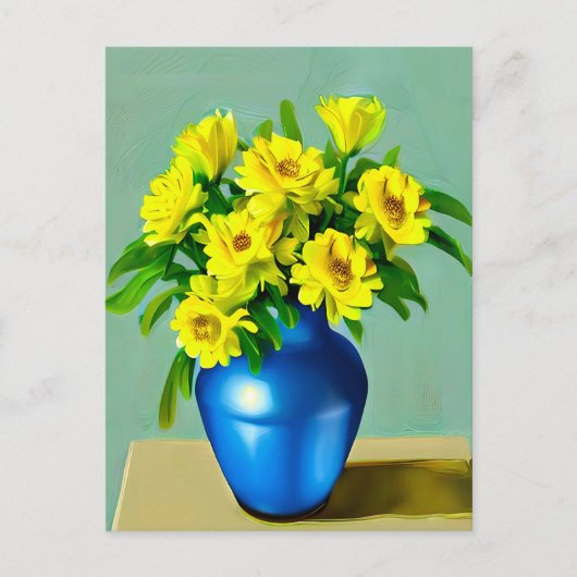 Carte Postale Roses jaunes dans un Vase bleu Boho Art (Devant)
