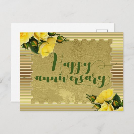 Carte Postale Roses Jaunes Sur L'Arrière - plan Or Joyeux Annive (Devant / Derrière)