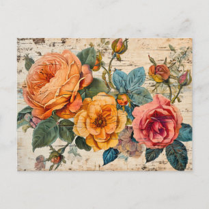 Carte Postale Roses orange et rose sur bois rustique
