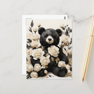 Carte Postale Roses papier et ours noir Valentine