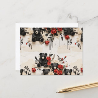 Carte Postale Roses papier et ours noirs Valentine