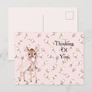 Carte Postale Roses rose enchantées Cerf floral Penser à vous