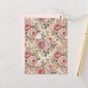 Carte Postale Roses Rose Poussiéreux Charme Élégant Vert Sauge O