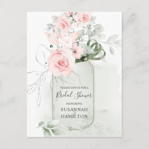 Carte Postale Roses roses blanches et mariée de mason vert paste