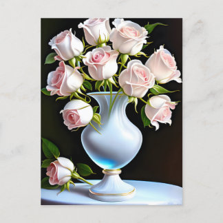 Carte Postale Roses roses clairs dans un vase de cristal