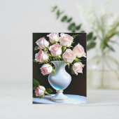 Carte Postale Roses roses clairs dans un vase de cristal (Debout devant)