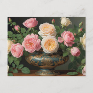 Carte Postale Roses roses crème dans un vase vintage