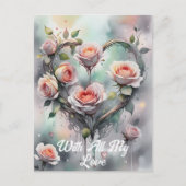 Carte Postale Roses roses romantiques Coeur avec Élégant Script (Devant)
