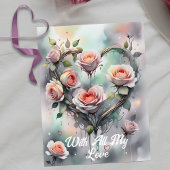Carte Postale Roses roses romantiques Coeur avec Élégant Script