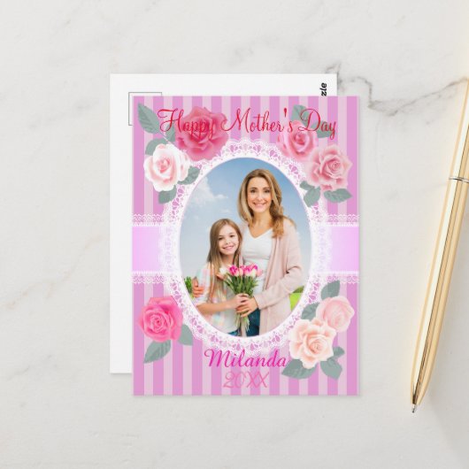 Carte Postale Roses roses roses Joyeuse Fête des Mères (Devant/Arrière en situation)