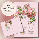 Carte Postale Roses roses roses religieuses Rosaire Vierge Marie<br><div class="desc">Doté d'une belle image personnalisée conçue avec une belle image religieuse traditionnelle catholique du saint chapelet avec des roses vintages rose pastel. Sur le dos est un catholique traditionnel de la Sainte Vierge Marie, Notre Dame de Grâce avec le même motif rosaire floral. Tout le texte et les polices peuvent...</div>