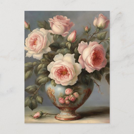 Carte Postale Roses roses thé dans un vase (Devant)
