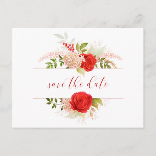 Carte Postale Roses Rouges D'Hiver & Feuillage Save The Date (Devant)