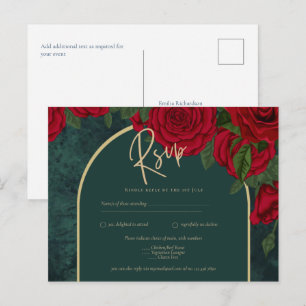 Carte Postale Roses rouges dorées vert forêt Mariage d'hiver