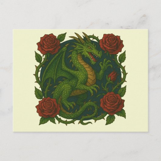 Carte Postale Roses rouges dragon vert (Devant)