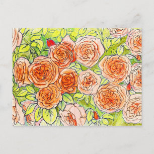 Carte Postale Roses rouges, Jardin Rose vert Croquis floral