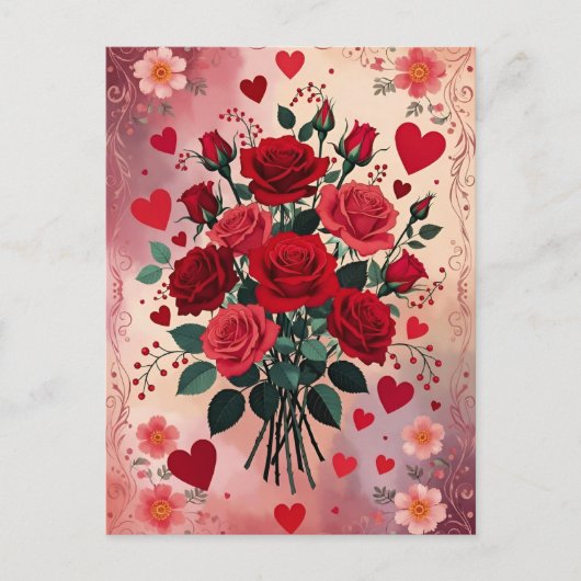 Carte Postale Roses rouges, Saint-Valentin, (Devant)