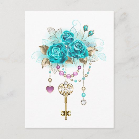 Carte Postale Roses turquoise avec touches (Devant)
