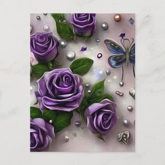 Carte Postale Roses Violettes & Perles (Devant)