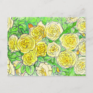 Carte Postale Rosier aux Roses Jaunes et Feuilles Vertes Art Flo