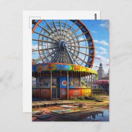 Carte Postale Roue vide Ferris abandonnée Carnaval (Devant / Derrière)