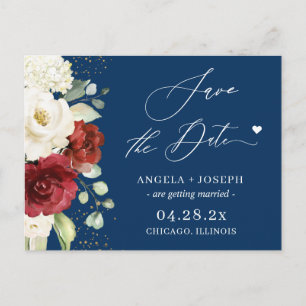 Carte Postale Rouge Blanc Floral Marine Bleu Mariage Enregistrer
