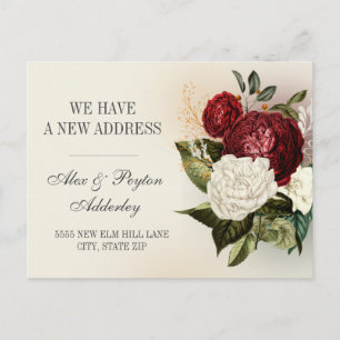 Carte Postale Rouge Blanc Floral Vintage Changement d'Adresse