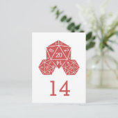 Carte postale rouge D20 Numéro de table de dés (Debout devant)