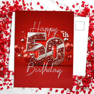 Carte Postale Rouge et Argent Pailleté 50e Anniversaire