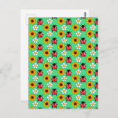 Carte Postale Rouge Et Noir Ladybug Avec Fleurs (Devant / Derrière)