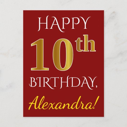 Carte Postale Rouge, Faux Gold 10e anniversaire + Nom personnali (Devant)