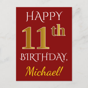 Carte Postale Rouge, Faux Gold 11e anniversaire + Nom personnali