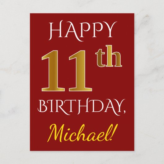 Carte Postale Rouge, Faux Gold 11e anniversaire + Nom personnali (Devant)