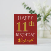 Carte Postale Rouge, Faux Gold 11e anniversaire + Nom personnali (Debout devant)