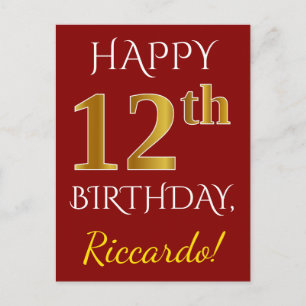 Carte Postale Rouge, Faux Gold 12e anniversaire + Nom personnali