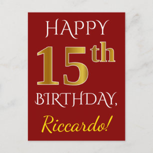 Carte Postale Rouge, Faux Gold 15e anniversaire + Nom personnali