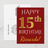 Carte Postale Rouge, Faux Gold 15e anniversaire + Nom personnali (Devant / Derrière)