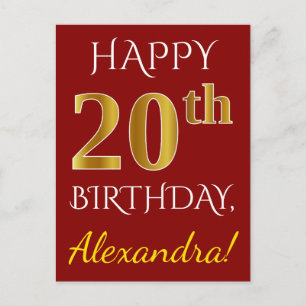 Carte Postale Rouge, Faux Gold 20e anniversaire + Nom personnali