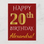 Carte Postale Rouge, Faux Gold 20e anniversaire + Nom personnali (Devant)
