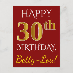 Carte Postale Rouge, Faux Gold 30e anniversaire + Nom personnali