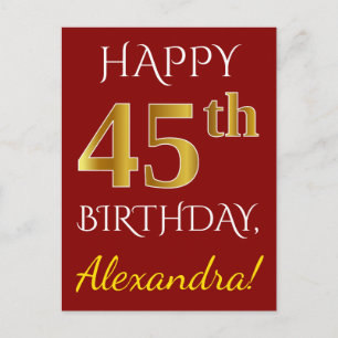 Carte Postale Rouge, Faux Gold 45e anniversaire + Nom personnali