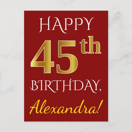 Carte Postale Rouge, Faux Gold 45e anniversaire + Nom personnali (Devant)