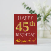 Carte Postale Rouge, Faux Gold 45e anniversaire + Nom personnali (Debout devant)