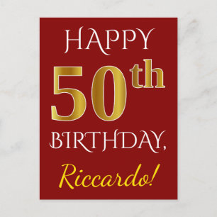 Carte Postale Rouge, Faux Gold 50e anniversaire + Nom personnali