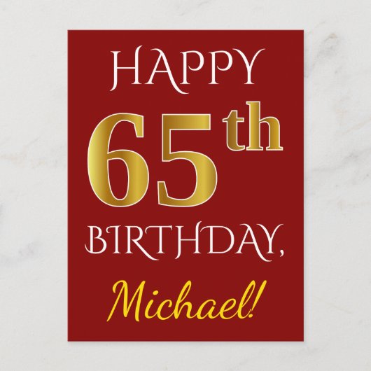 Carte Postale Rouge, Faux Gold 65e anniversaire + Nom personnali (Devant)