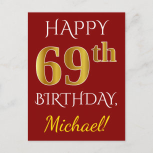 Carte Postale Rouge, Faux Gold 69e anniversaire + Nom personnali