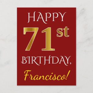 Carte Postale Rouge, Faux Gold 71e anniversaire + Nom personnali